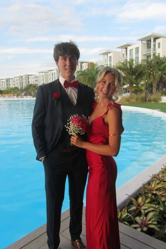 Prom Dresses Red Satin Ruffle Strap Open Back Ruched Mermaid Floor-Length Gown by JiMiss Dresses