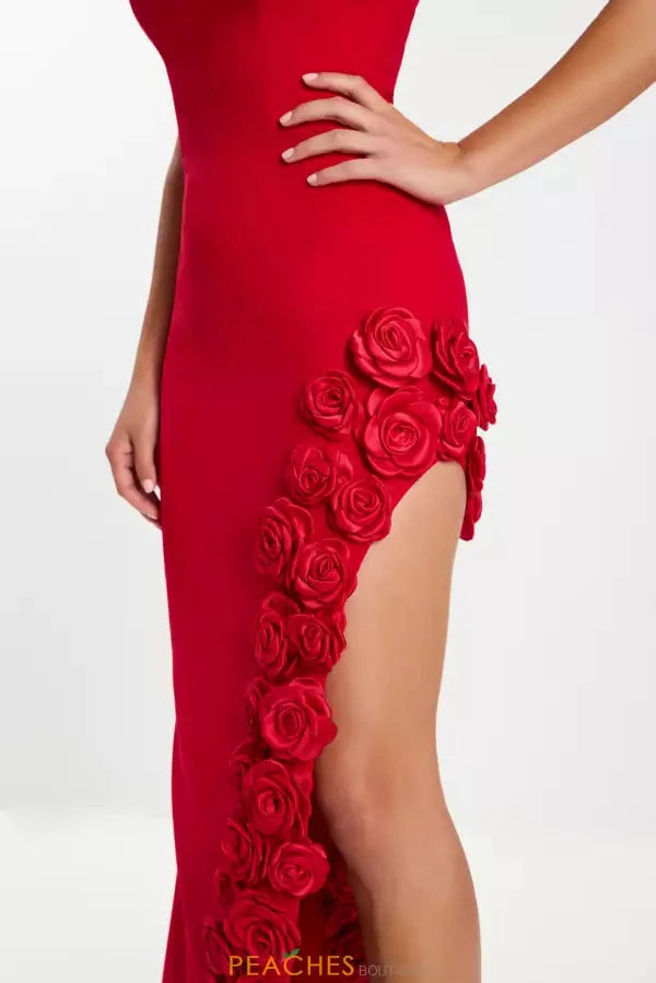 Prom Dresses Red Strapless 3D Floral Appliqué High Slit Asymmetrical Hem Mermaid Gown by JiMiss Dresses