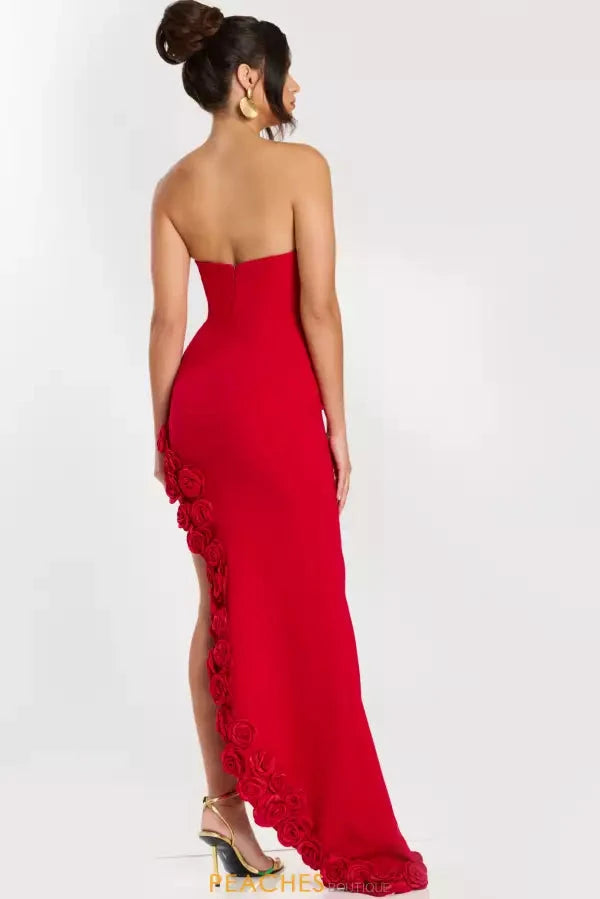 Prom Dresses Red Strapless 3D Floral Appliqué High Slit Asymmetrical Hem Mermaid Gown by JiMiss Dresses
