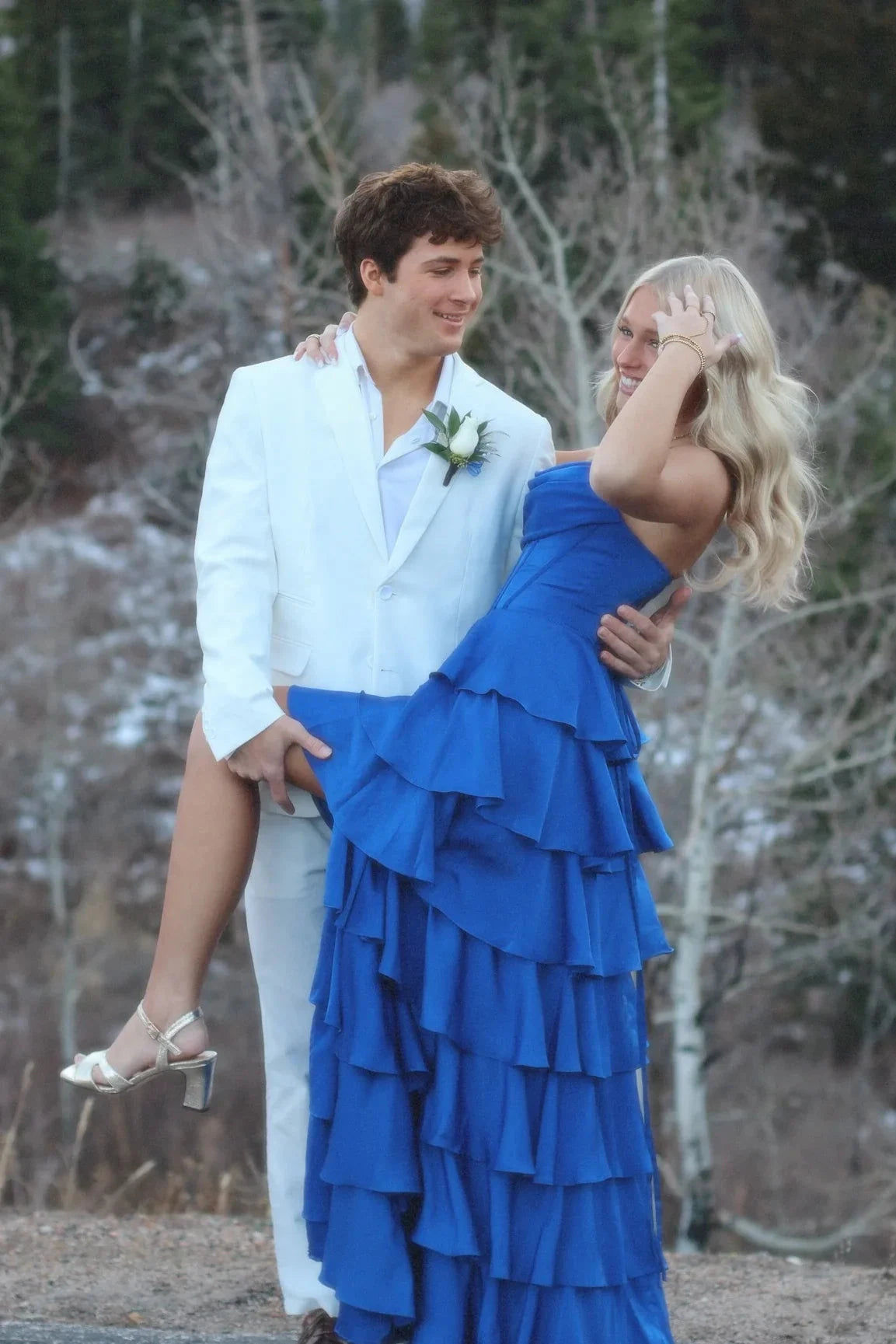 Prom Dresses Royal Blue Tiered Ruffle Spaghetti Strap Crisscross Back High Slit Gown by JiMiss Dresses