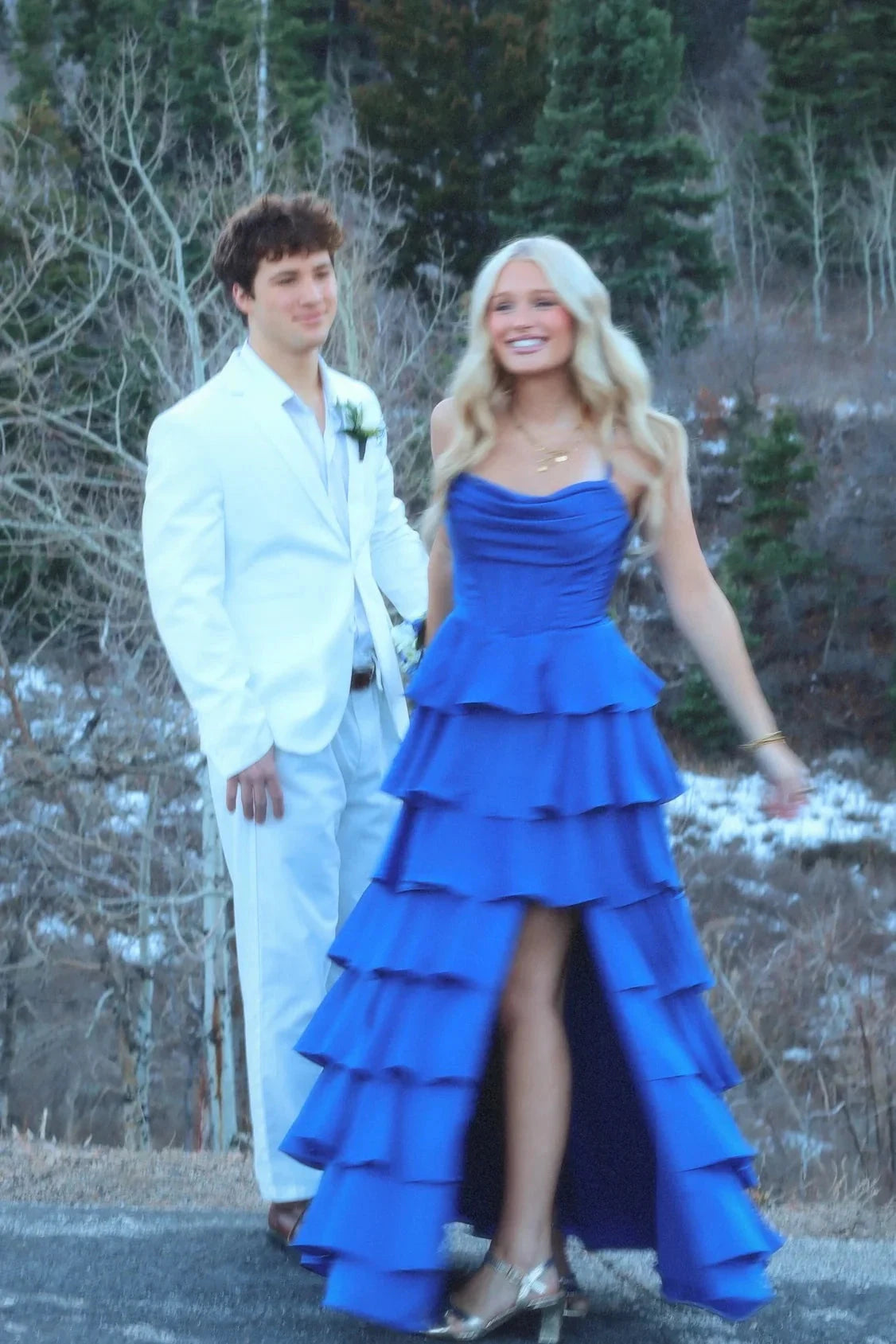 Prom Dresses Royal Blue Tiered Ruffle Spaghetti Strap Crisscross Back High Slit Gown by JiMiss Dresses