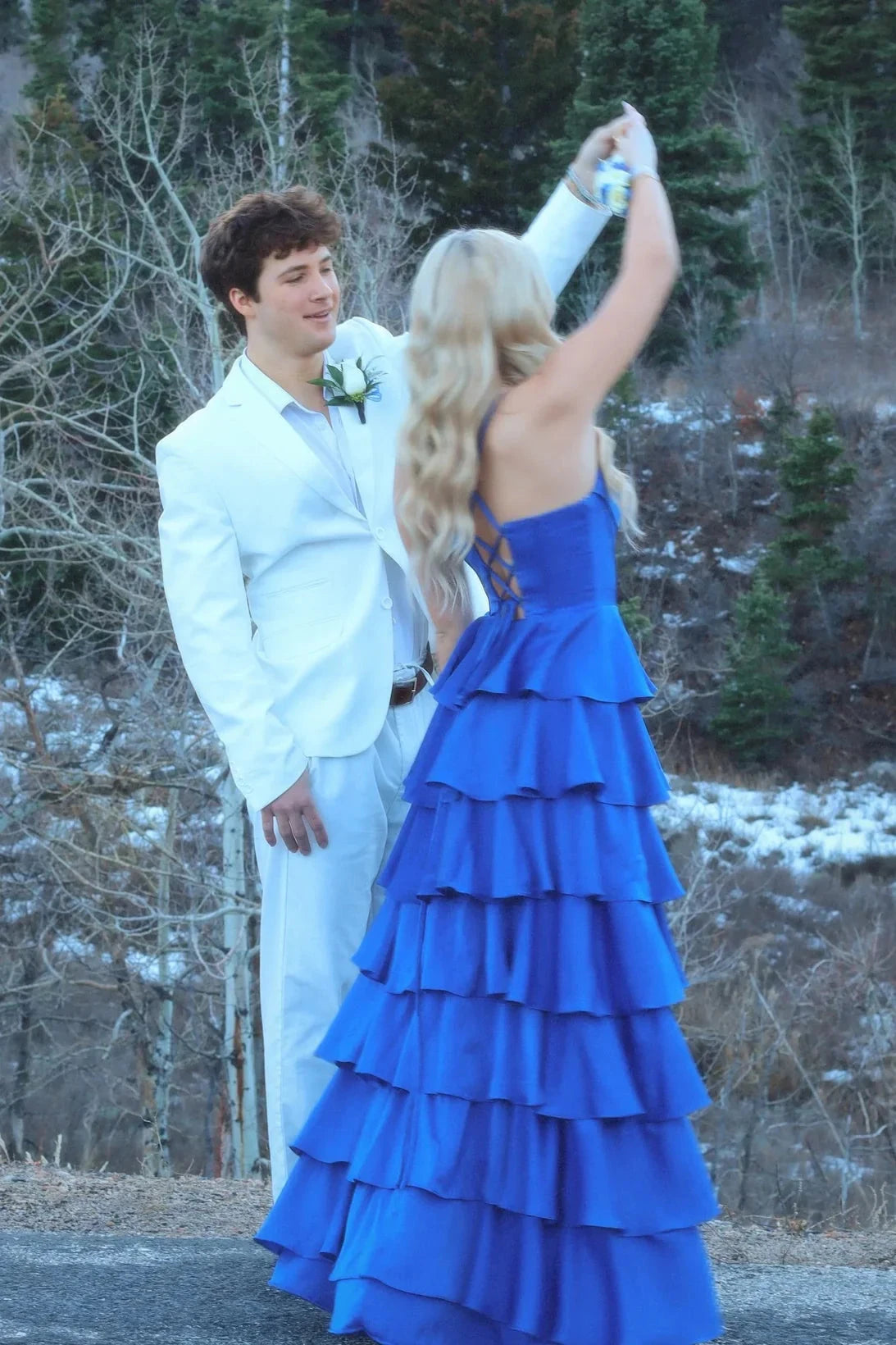 Prom Dresses Royal Blue Tiered Ruffle Spaghetti Strap Crisscross Back High Slit Gown by JiMiss Dresses