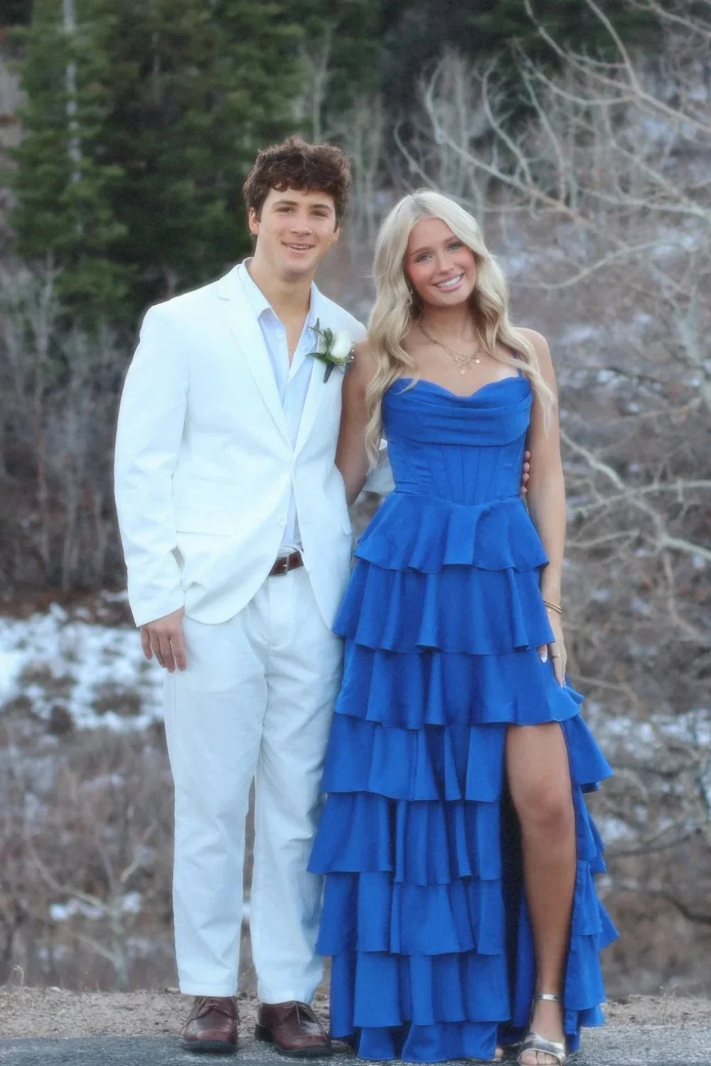 Prom Dresses Royal Blue Tiered Ruffle Spaghetti Strap Crisscross Back High Slit Gown by JiMiss Dresses