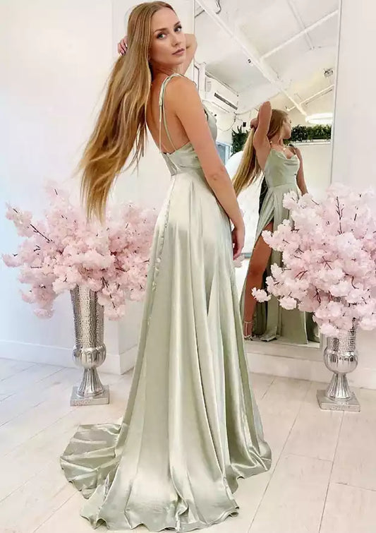 Prom Dresses with eye-catching A-line sleeveless hanging collar and satin pleated slits