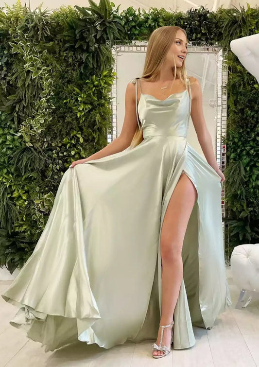 Prom Dresses with eye-catching A-line sleeveless hanging collar and satin pleated slits