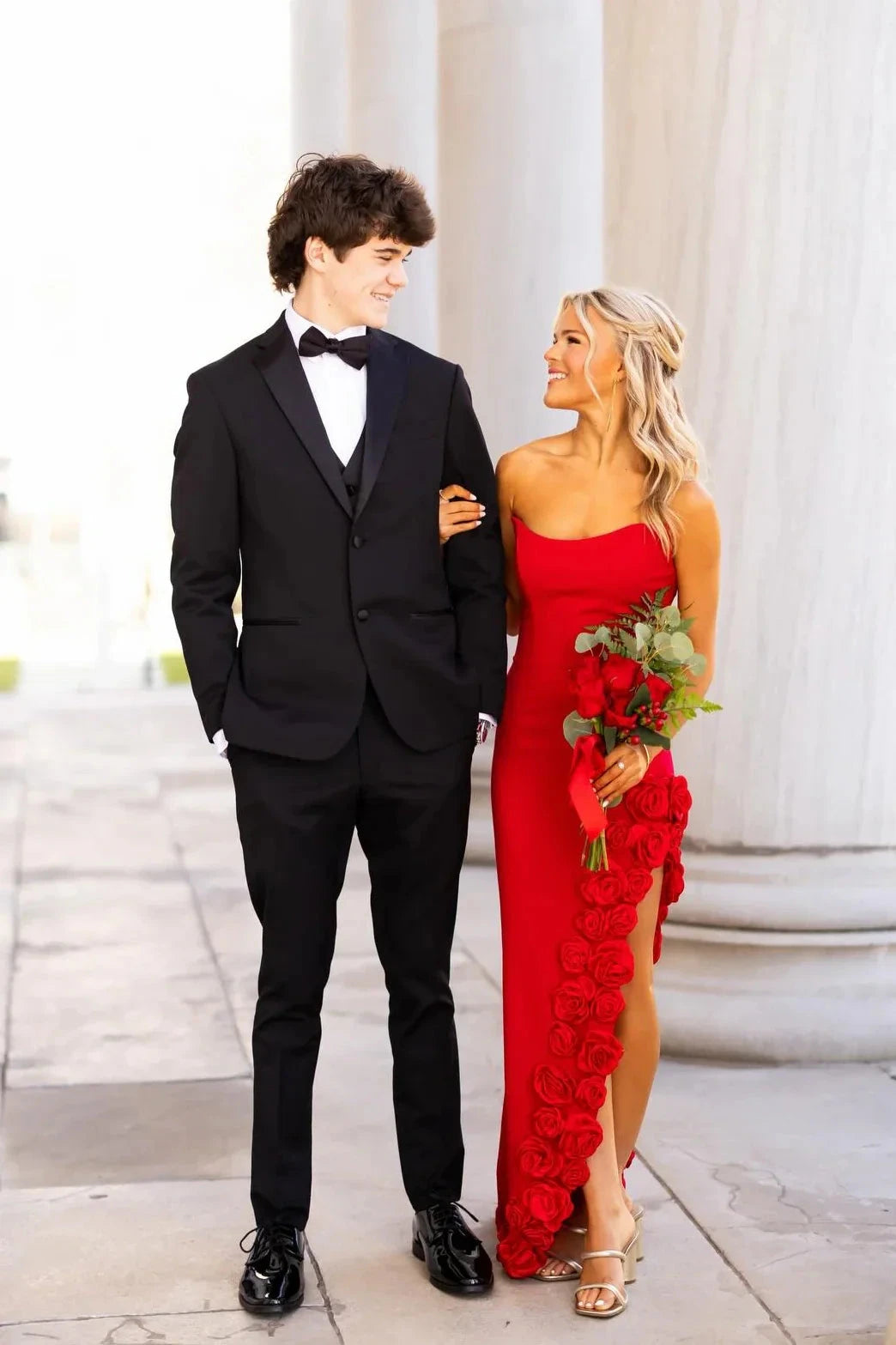 Prom Dresses Red Strapless 3D Floral Appliqué High Slit Asymmetrical Hem Mermaid Gown by JiMiss Dresses