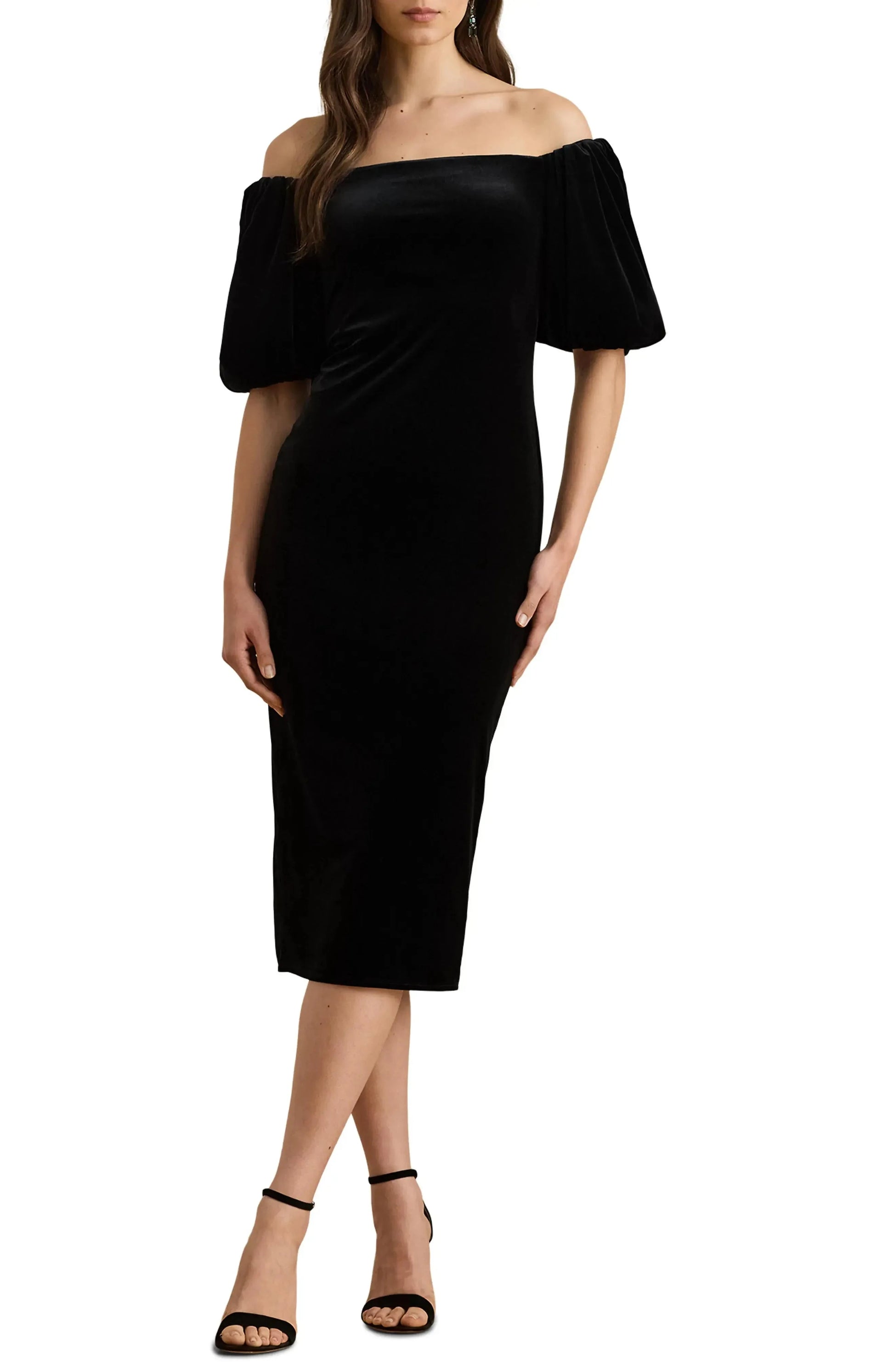 Puff Sleeved Sheath Off the Shoulder Short Sleeve Zipper Back Midi Length Hot Sale Evening Dress by YiHuiw