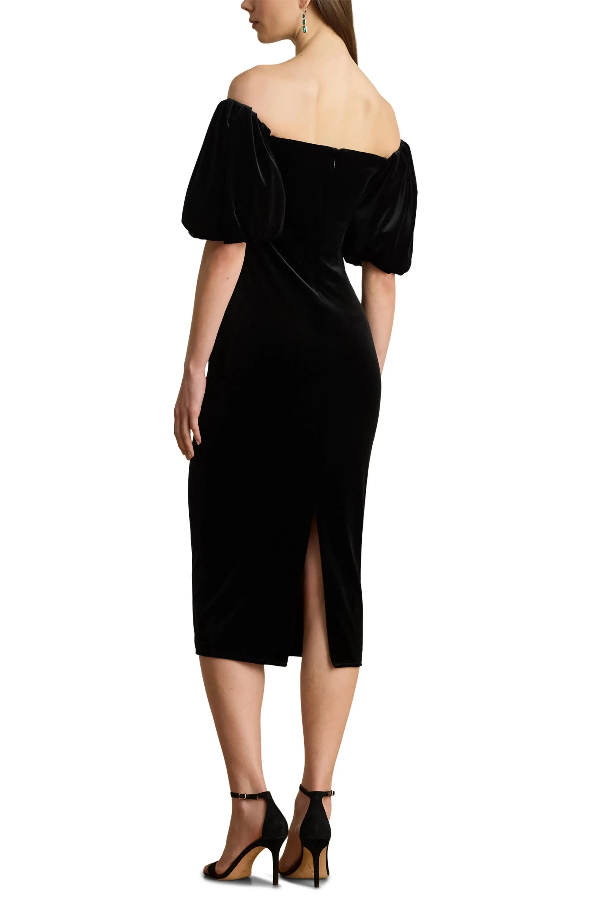 Puff Sleeved Sheath Off the Shoulder Short Sleeve Zipper Back Midi Length Hot Sale Evening Dress by YiHuiw