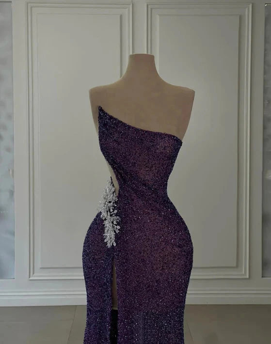 Purple Shiny Sexy Elegant Long Sequin Slit Prom Dress Evening Dress Party Dress simple gentle atmospheric and unique desi Bring summer colors to enhance whiteness by YiHuiw
