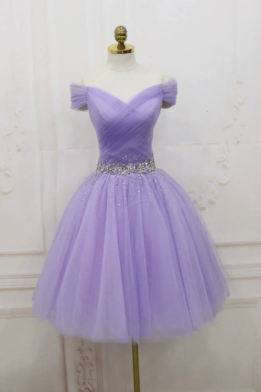 Purple Tulle Beaded Short Prom Dress Off Shoulder Party Dress simple gentle atmospheric and unique desi Bring summer colors to enhance white by YiHuiw