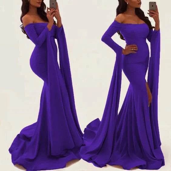 Purple long dress, one shoulder design, ultra long flowing sleeves, slim fit fishtail skirt with trailing edge suitable for dinners, dances, etc by YiHuiw