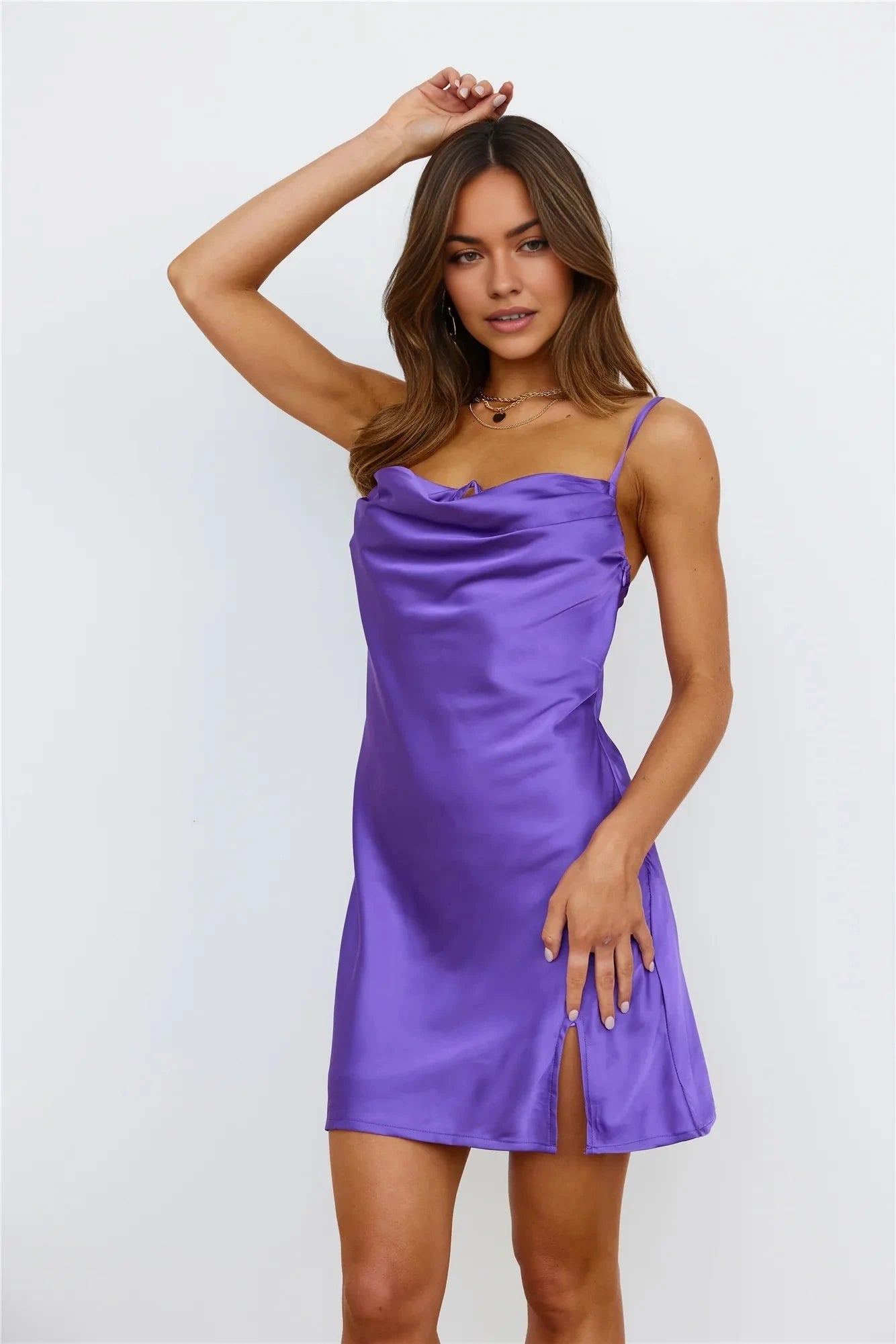 Purple satin camisole dress with a swing collar design and side slits for parties, dates, etc by YiHuiw