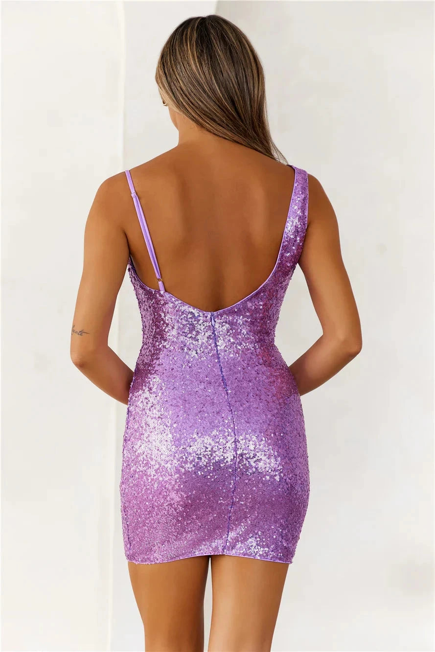 Purple sequined one shoulder dress with a slim fit suitable for parties, dances, and other occasions, by YiHuiw