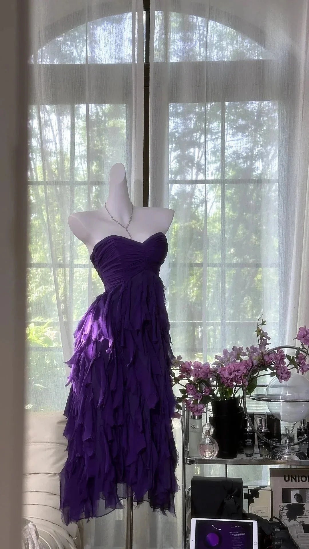 Purple strapless layered chiffon mid length dress for dance party by YiHuiw