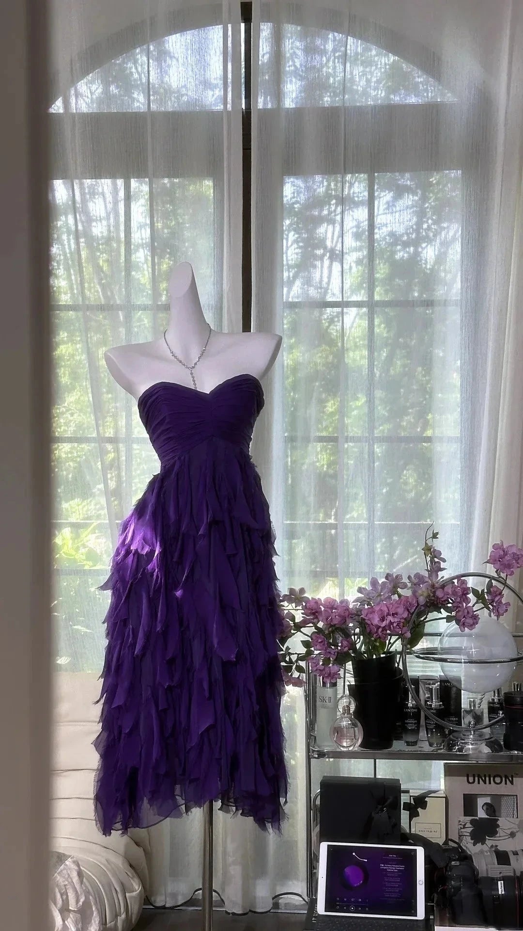 Purple strapless layered chiffon mid length dress for dance party by YiHuiw
