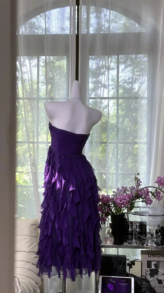 Purple strapless layered chiffon mid length dress for dance party by YiHuiw