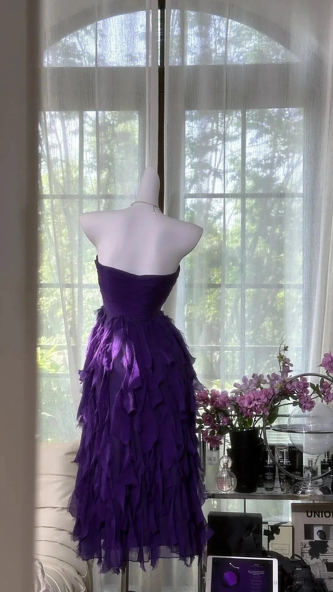 Purple strapless layered chiffon mid length dress for dance party by YiHuiw