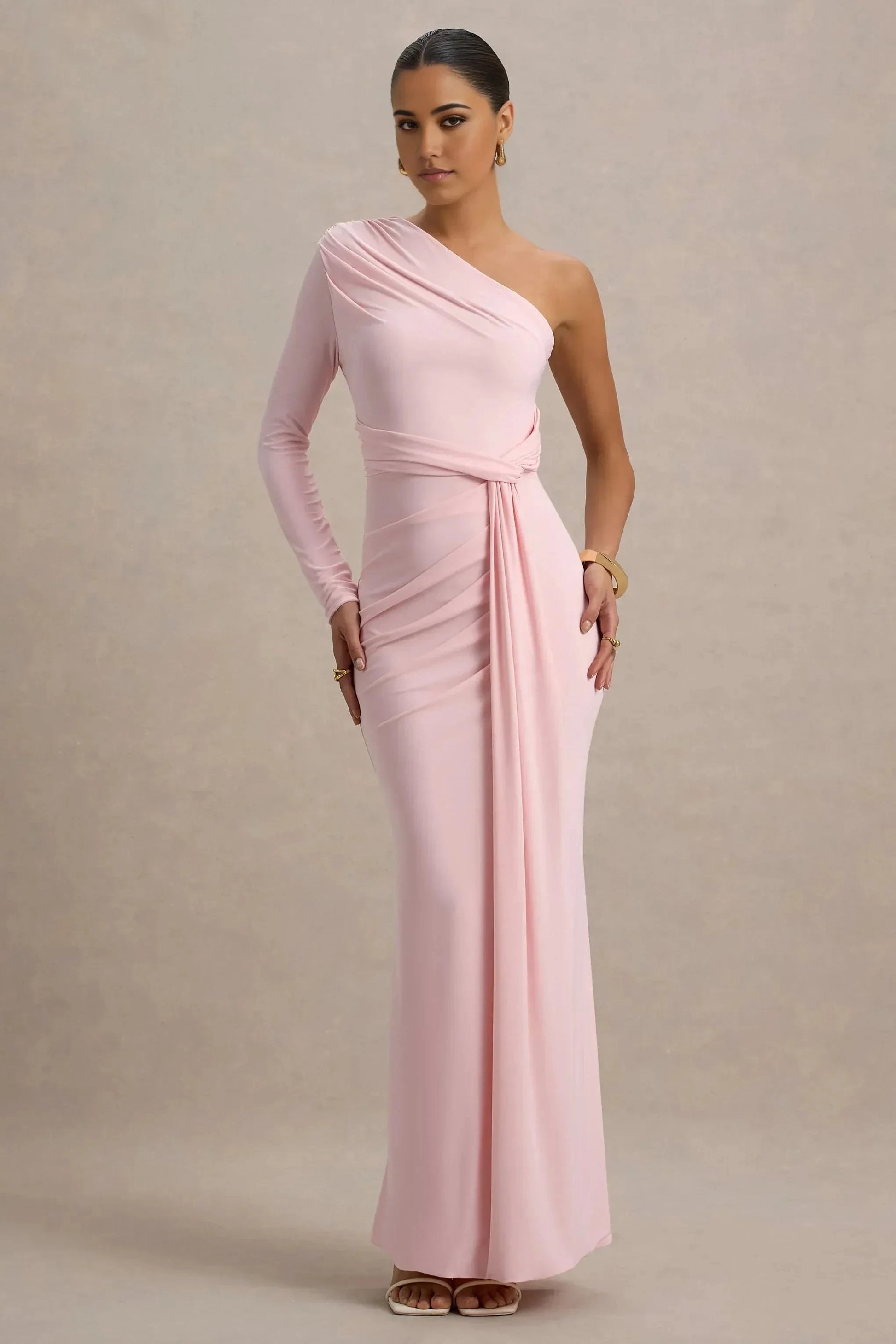 Radiant Mermaid One Shoulder Long Sleeve Draped Waist Floor Length Prom Dress by YiHuiw