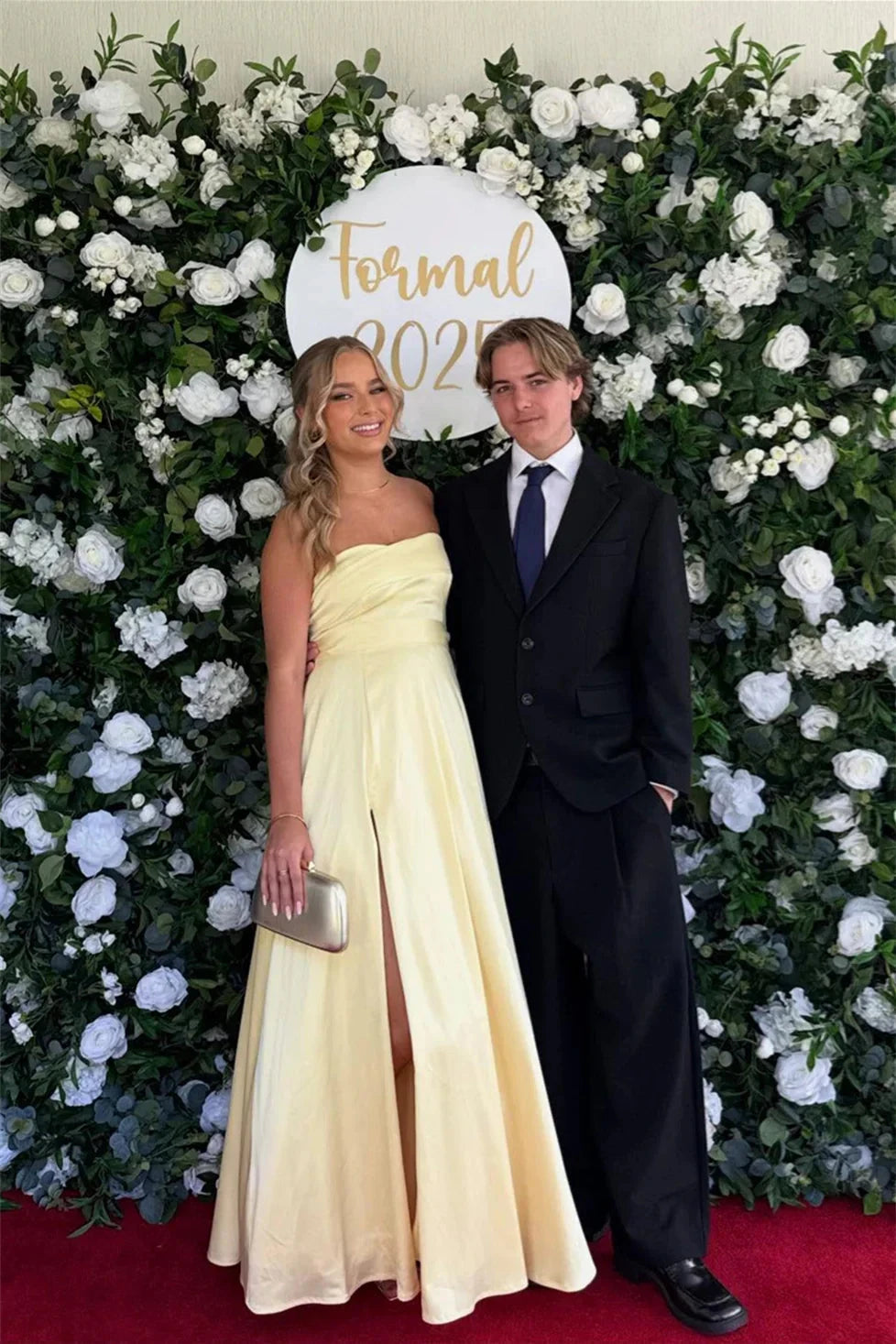 Radiant Satin Prom Dresses with Strapless Sweetheart Neckline, Lace-Up Back Bow Detail, Daring High Slit and Voluminous A-Line Skirt Formal Gown by JiMiss Dresses