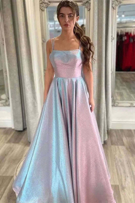Pastel Rainbow Satin Prom Dress with Square Neckline and A-Line Silhouette
