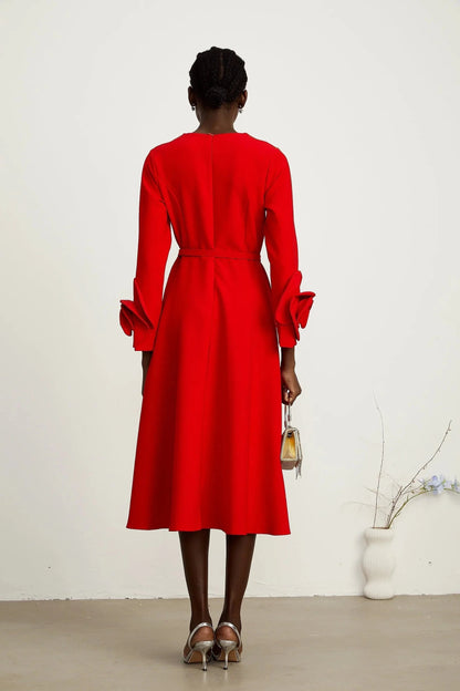 Red Belted Midi Dress with Floral Cuff Detail red long-sleeve dress with floral embellishments Evening Dress by YiHuiw