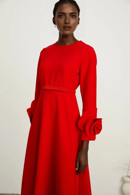Red Belted Midi Dress with Floral Cuff Detail red long-sleeve dress with floral embellishments Evening Dress by YiHuiw