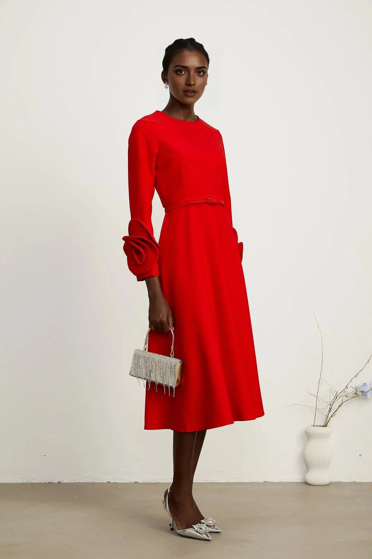 Red Belted Midi Dress with Floral Cuff Detail red long-sleeve dress with floral embellishments Evening Dress by YiHuiw
