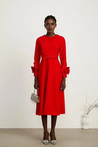 Red Belted Midi Dress with Floral Cuff Detail red long-sleeve dress with floral embellishments Evening Dress by YiHuiw