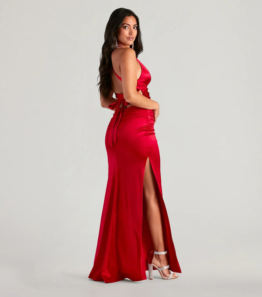 Red Mermaid Halter High Slit Floor-Length Wedding Dress - Yihuiw by Yihuiw