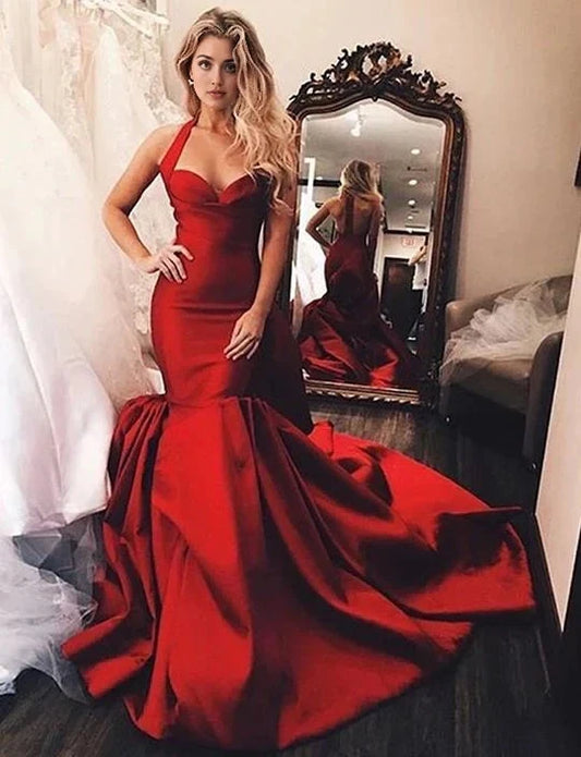 Red Halter Neck Mermaid Evening Gown with Train Elegant Straps Red Prom Dresses Long Mermaid Evening Gowns Online Sale Party Dresses, by YiHuiw