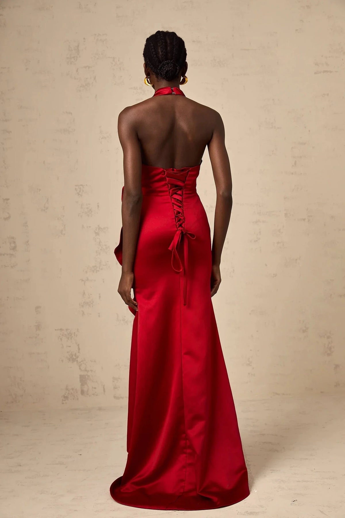 Red Halter Neck Ruffled Satin Maxi Dress red halterneck 3d-petal ruffled maxi dress Evening Dress by YiHuiw