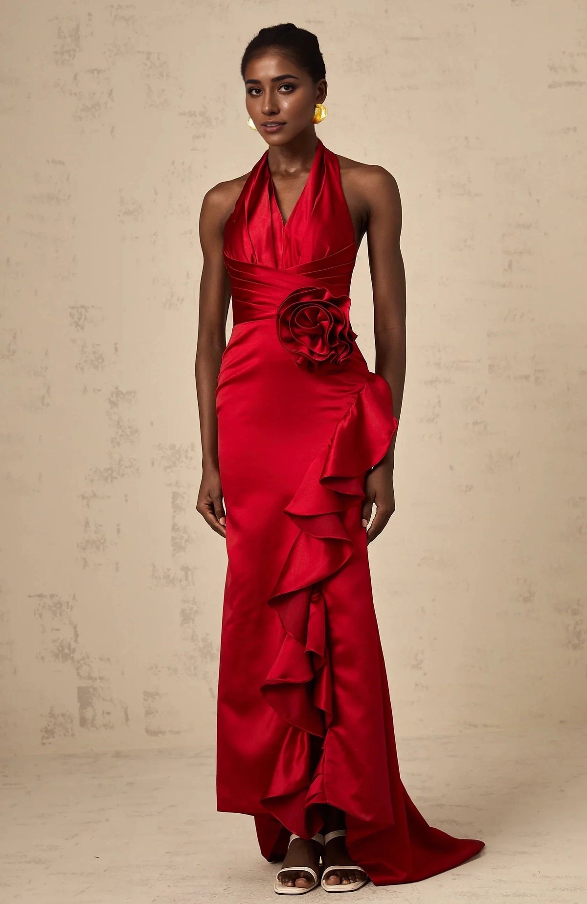 Red Halter Neck Ruffled Satin Maxi Dress red halterneck 3d-petal ruffled maxi dress Evening Dress by YiHuiw