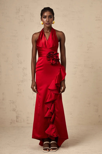 Red Halter Neck Ruffled Satin Maxi Dress red halterneck 3d-petal ruffled maxi dress Evening Dress by YiHuiw