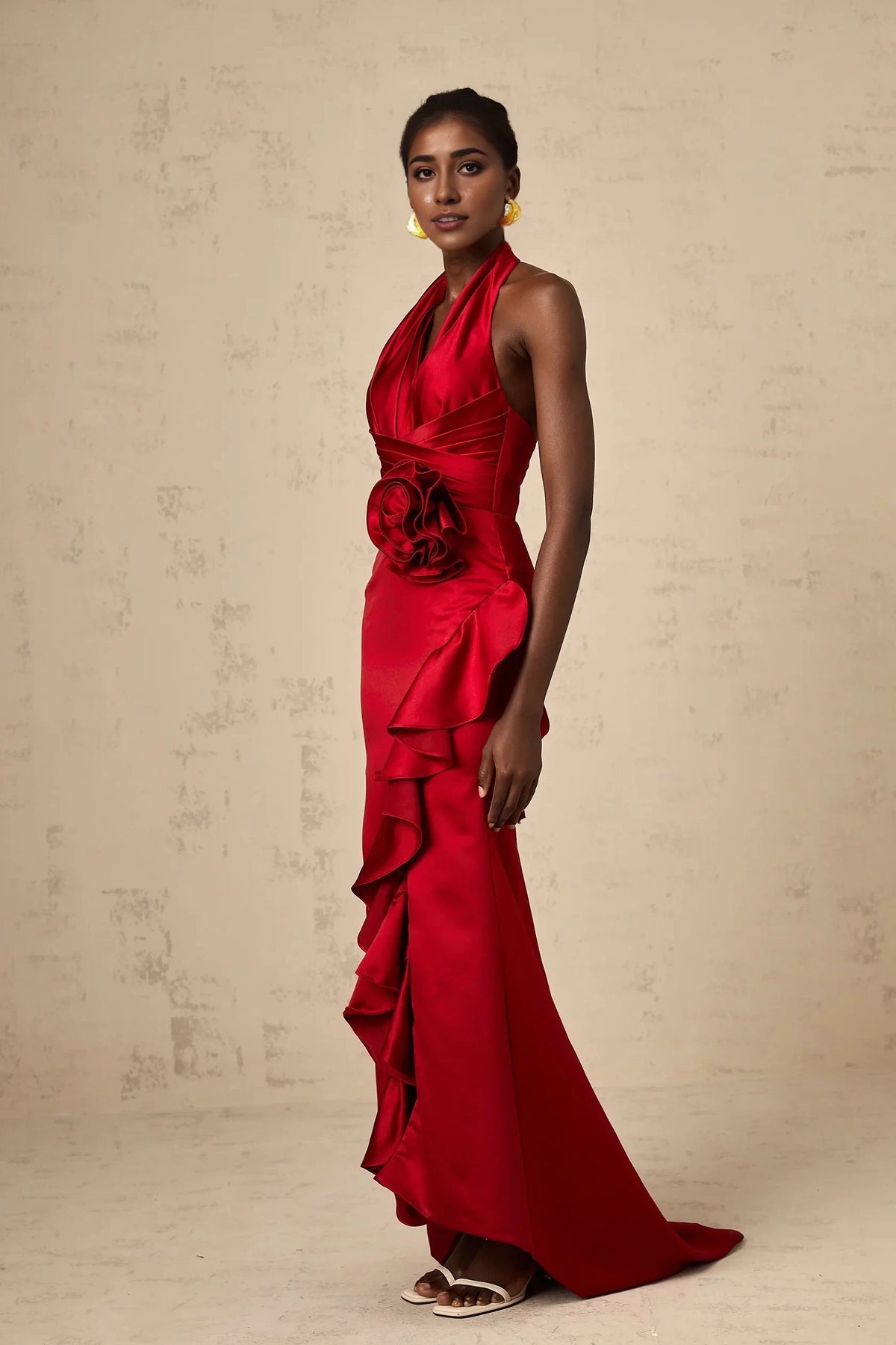 Red Halter Neck Ruffled Satin Maxi Dress red halterneck 3d-petal ruffled maxi dress Evening Dress by YiHuiw