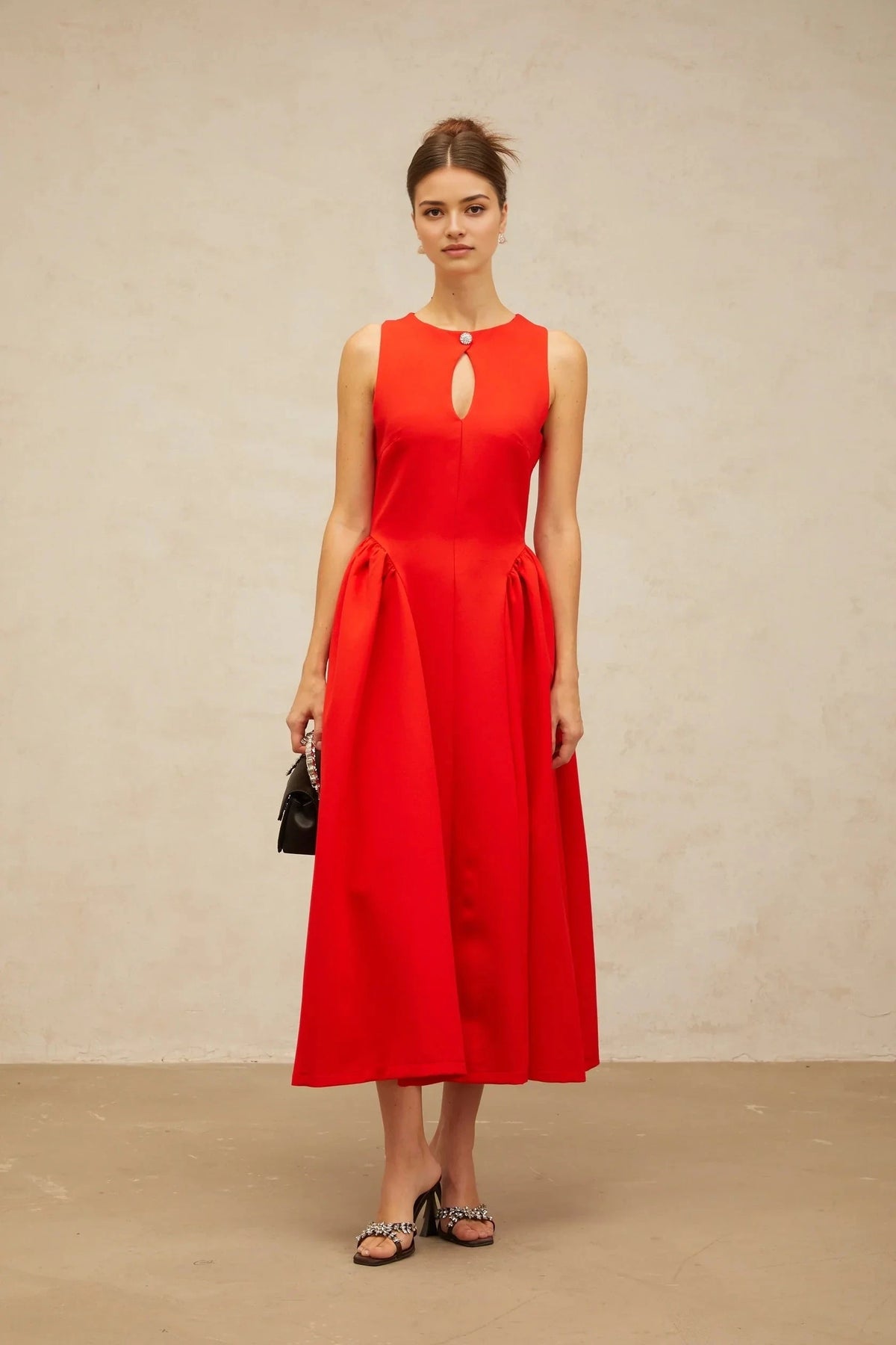 Red Keyhole Neck Sleeveless Midi Dress Narcisse red keyhole sleeveless midi dress Evening Dress by YiHuiw