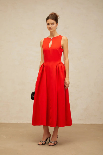 Red Keyhole Neck Sleeveless Midi Dress Narcisse red keyhole sleeveless midi dress Evening Dress by YiHuiw