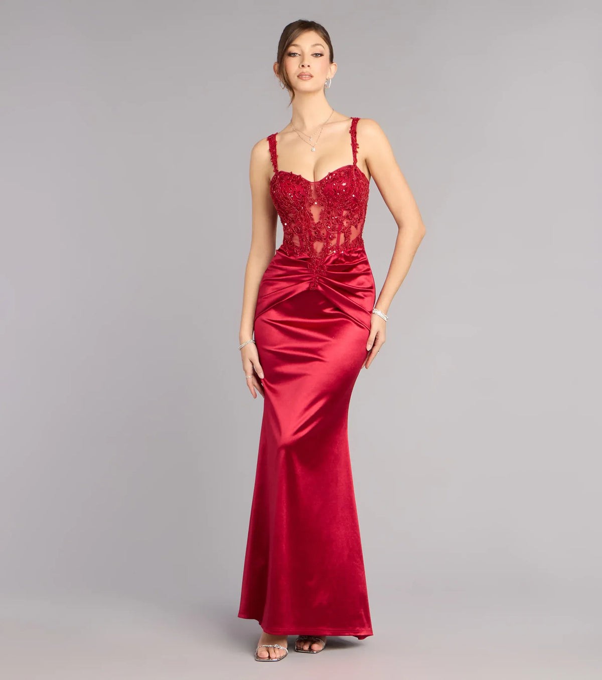 Red Mermaid Satin Lace-Up Back Ruched Floor-Length Wedding Dress - Yihuiw by Yihuiw