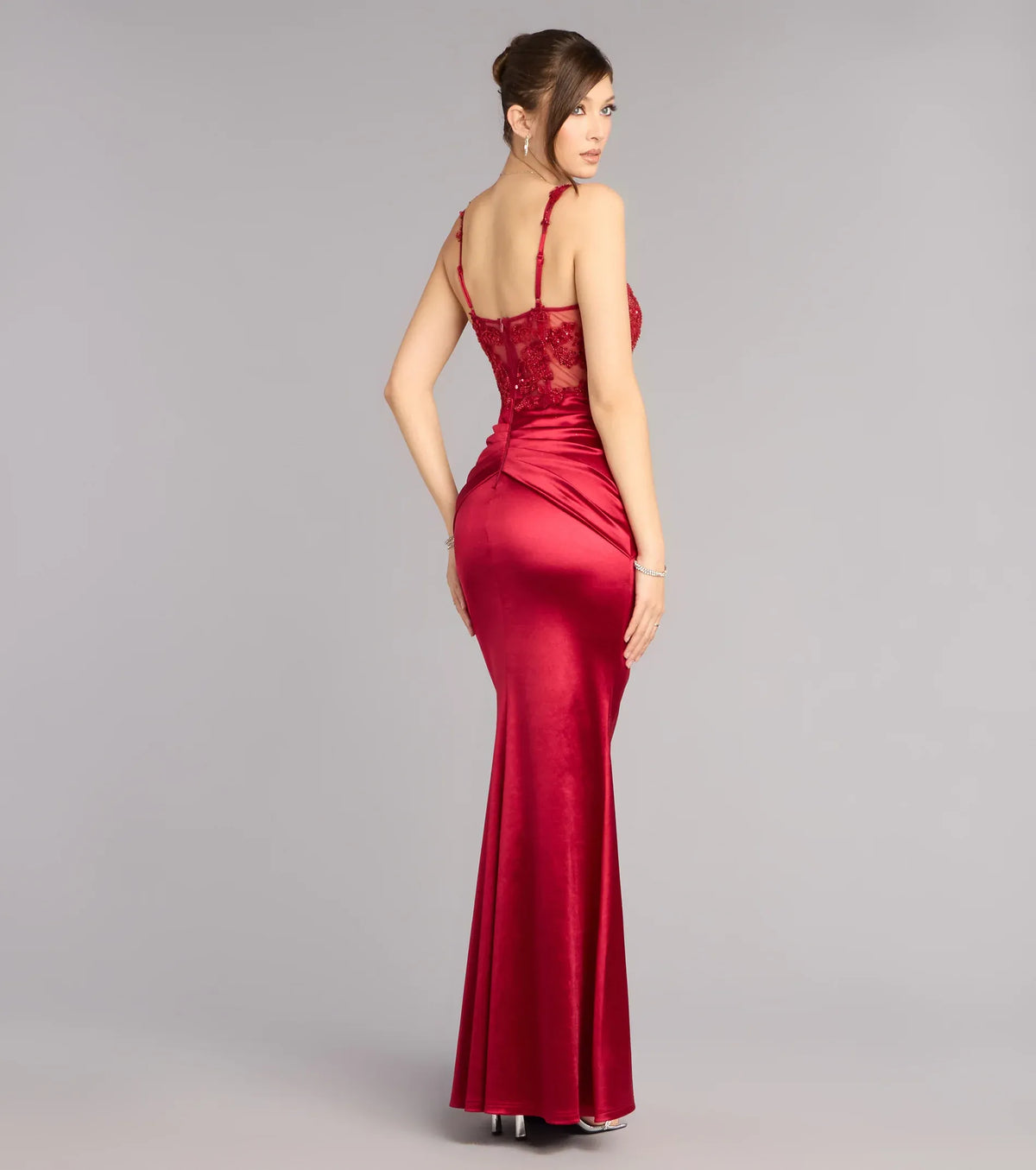 Red Mermaid Satin Lace-Up Back Ruched Floor-Length Wedding Dress - Yihuiw by Yihuiw