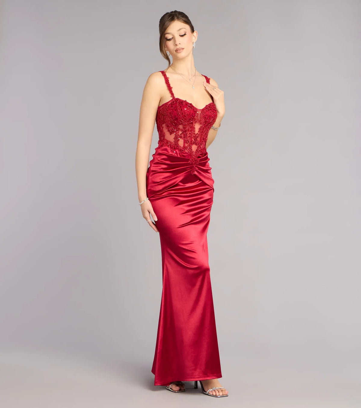Red Mermaid Satin Lace-Up Back Ruched Floor-Length Wedding Dress - Yihuiw by Yihuiw