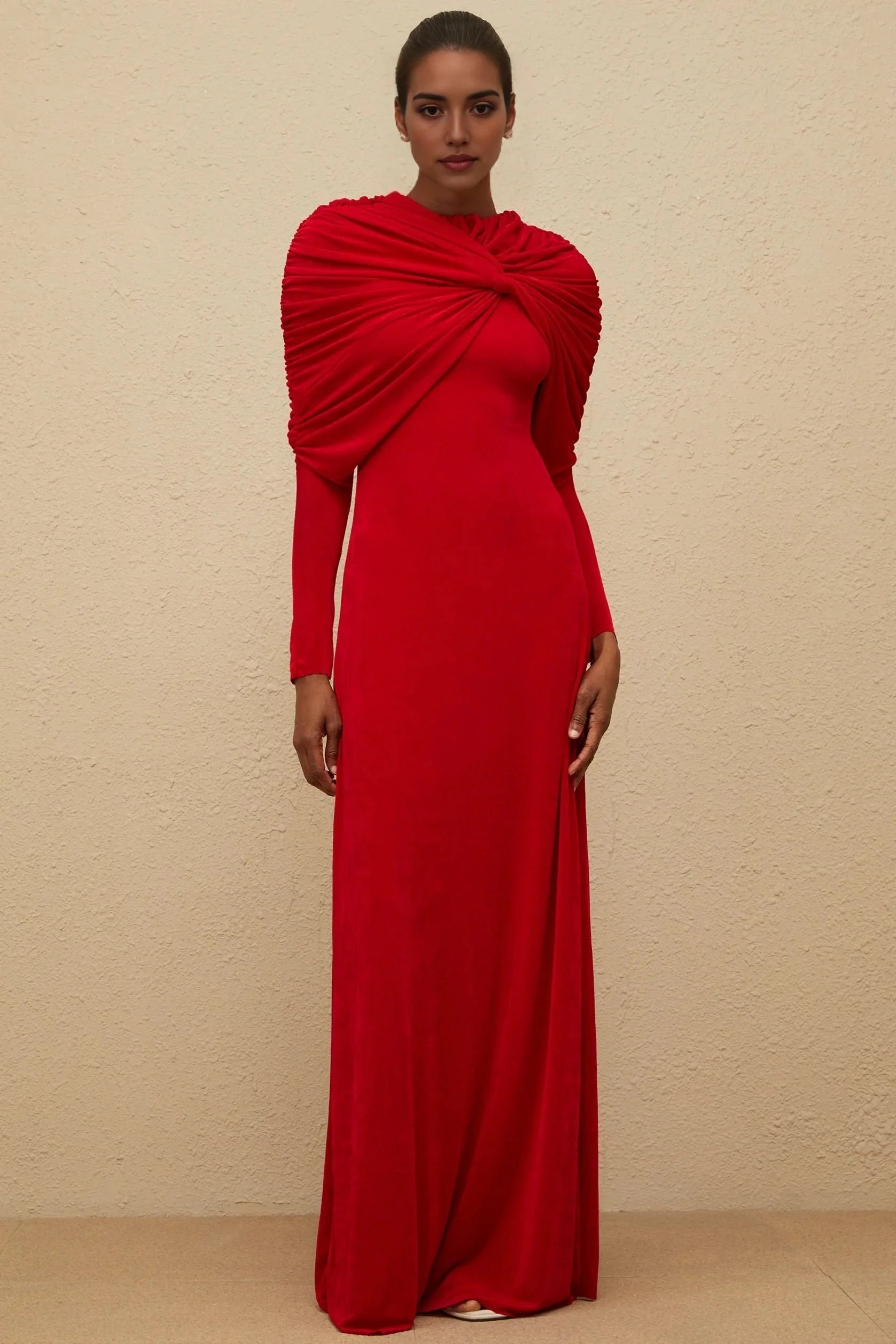 Red Long Sleeve Maxi Dress with Draped Shoulder Detail Moderne Red Cape-Design Ruched Maxi Dress Evening Dress by YiHuiw