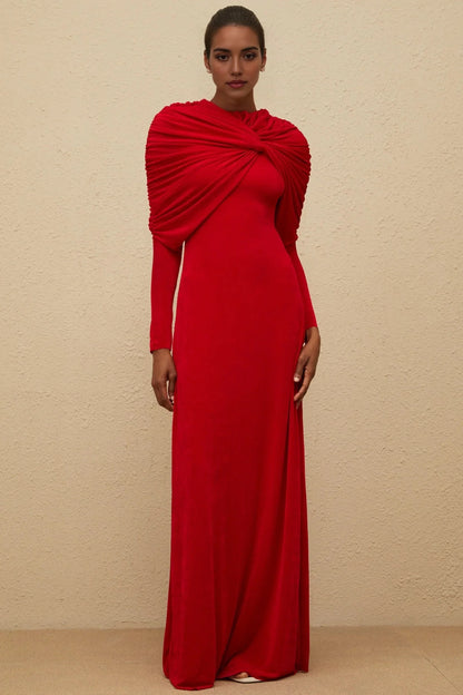 Red Long Sleeve Maxi Dress with Draped Shoulder Detail Moderne Red Cape-Design Ruched Maxi Dress Evening Dress by YiHuiw