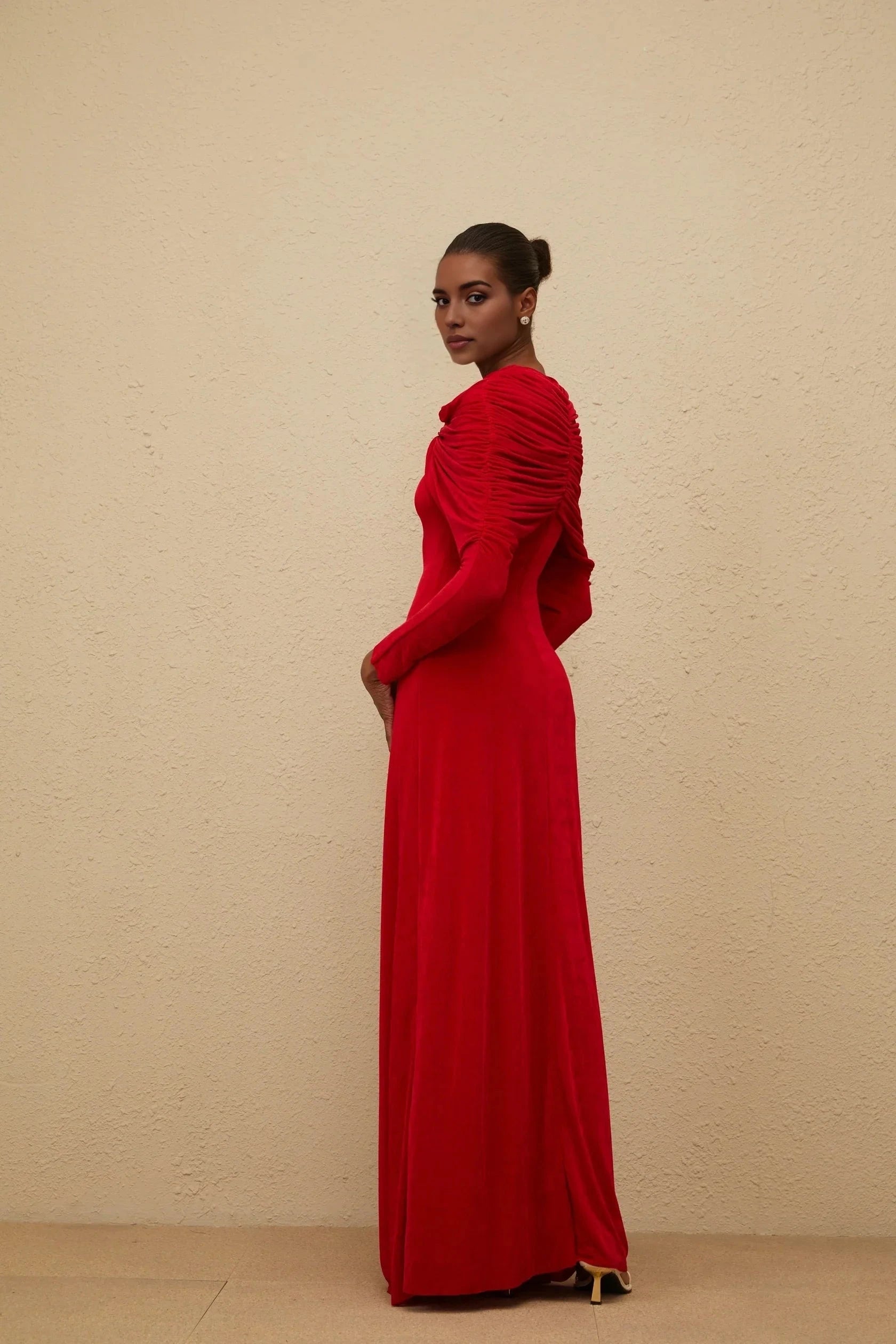 Red Long Sleeve Maxi Dress with Draped Shoulder Detail Moderne Red Cape-Design Ruched Maxi Dress Evening Dress by YiHuiw