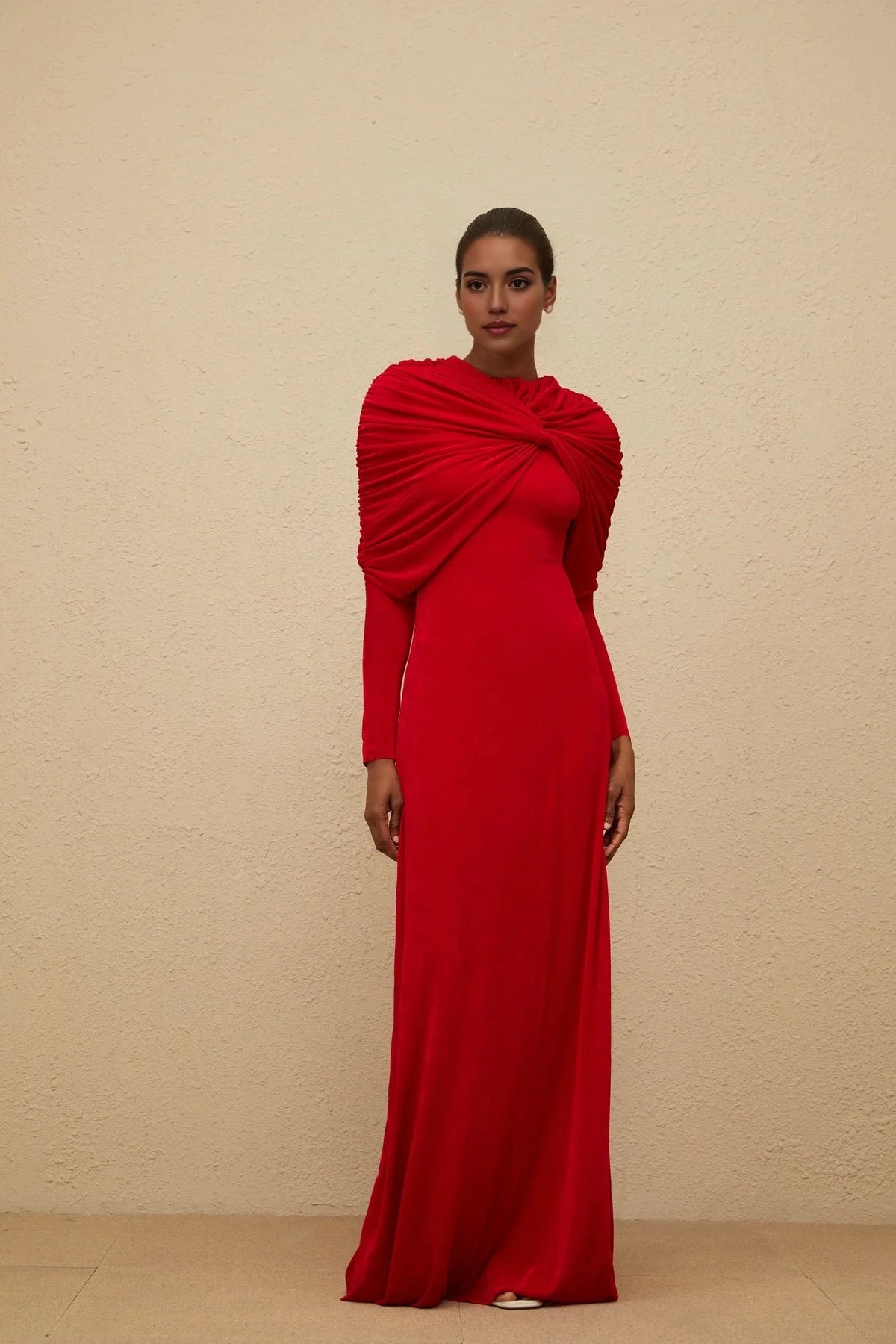 Red Long Sleeve Maxi Dress with Draped Shoulder Detail Moderne Red Cape-Design Ruched Maxi Dress Evening Dress by YiHuiw