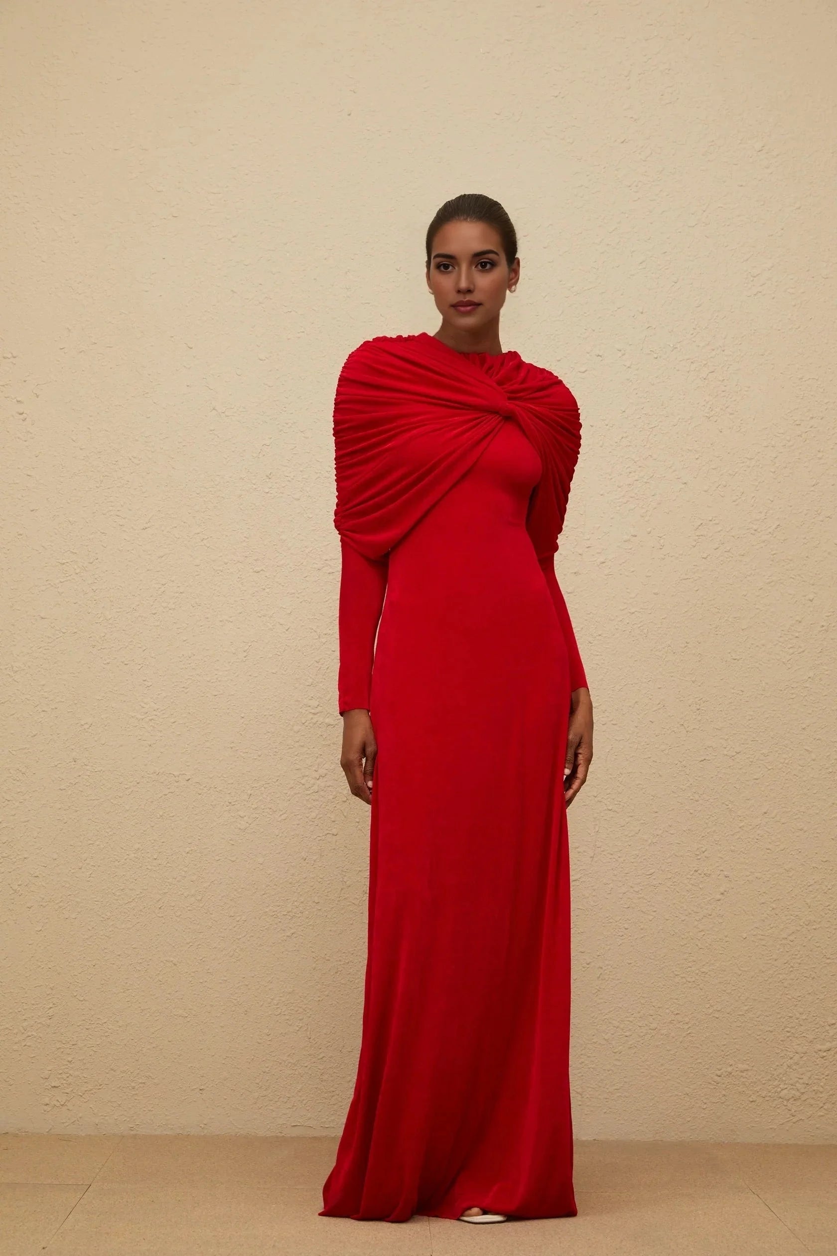 Red Long Sleeve Maxi Dress with Draped Shoulder Detail Moderne Red Cape-Design Ruched Maxi Dress Evening Dress by YiHuiw