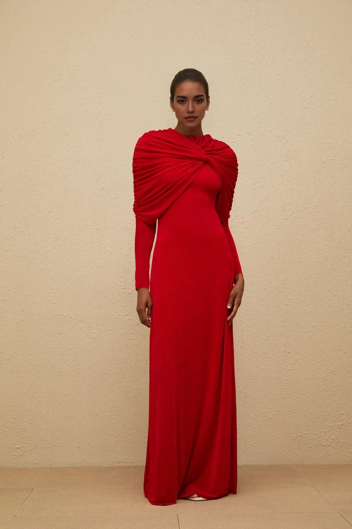 Red Long Sleeve Maxi Dress with Draped Shoulder Detail Moderne Red Cape-Design Ruched Maxi Dress Evening Dress by YiHuiw