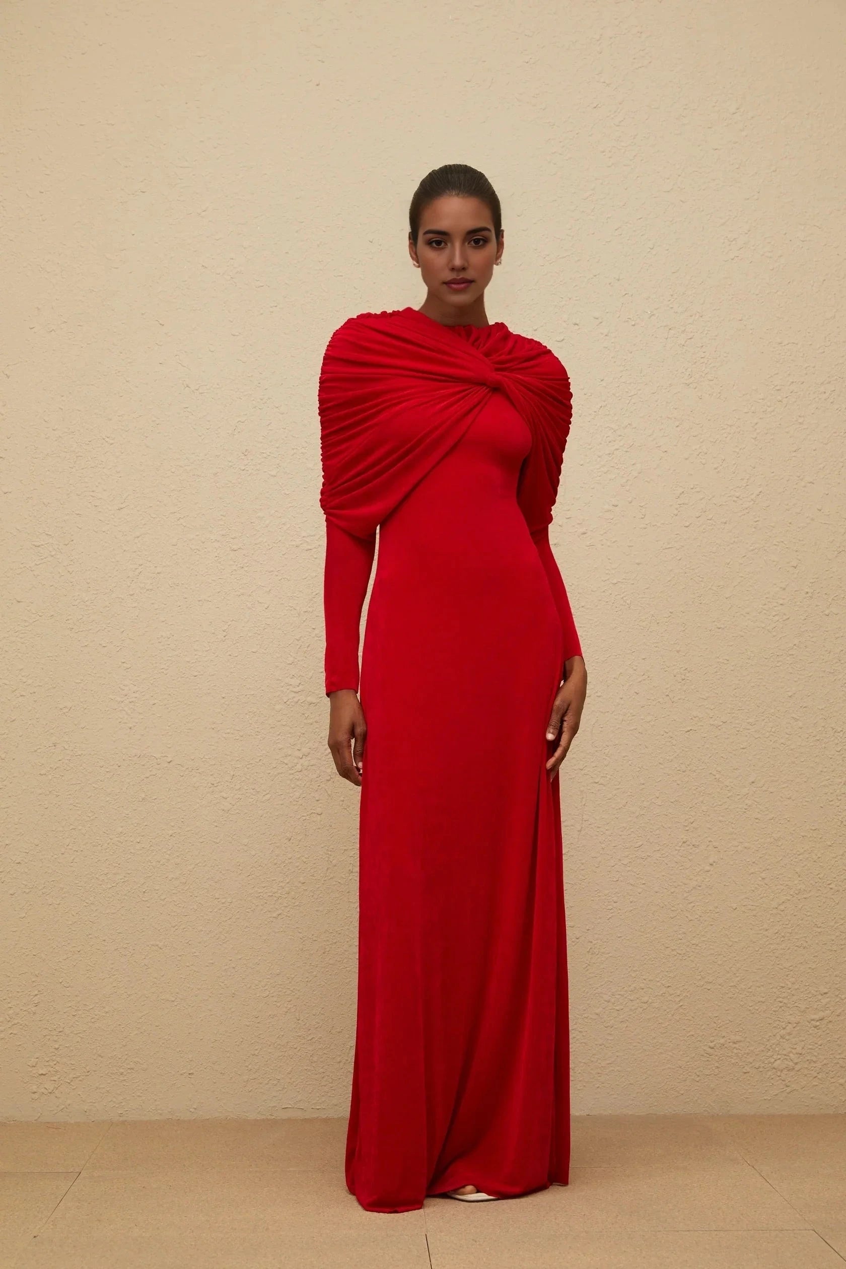 Red Long Sleeve Maxi Dress with Draped Shoulder Detail Moderne Red Cape-Design Ruched Maxi Dress Evening Dress by YiHuiw