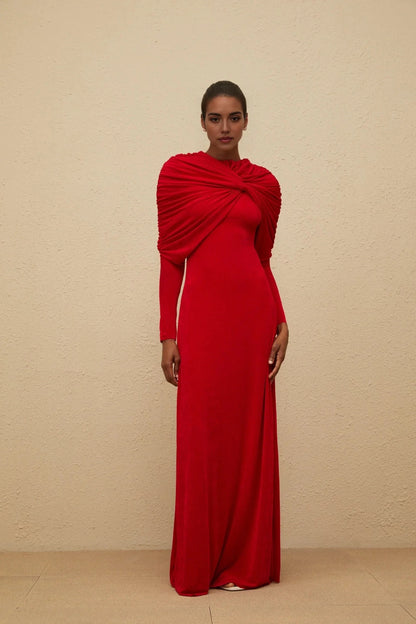 Red Long Sleeve Maxi Dress with Draped Shoulder Detail Moderne Red Cape-Design Ruched Maxi Dress Evening Dress by YiHuiw