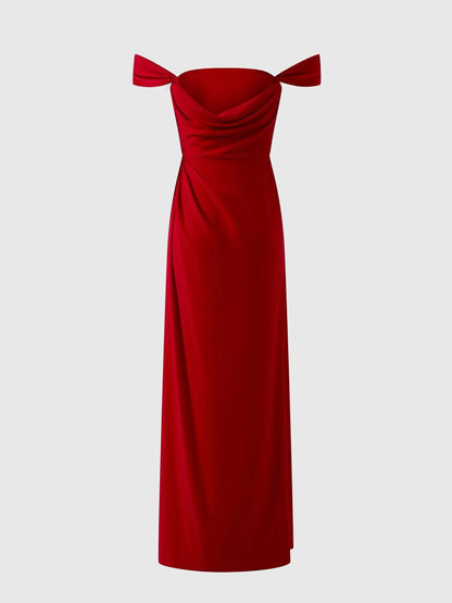 Red Off-Shoulder Bow Detail Maxi Dress Straight bridesmaid dress with sweetheart neckline in crepe Bridesmaid Dresses by YiHuiw