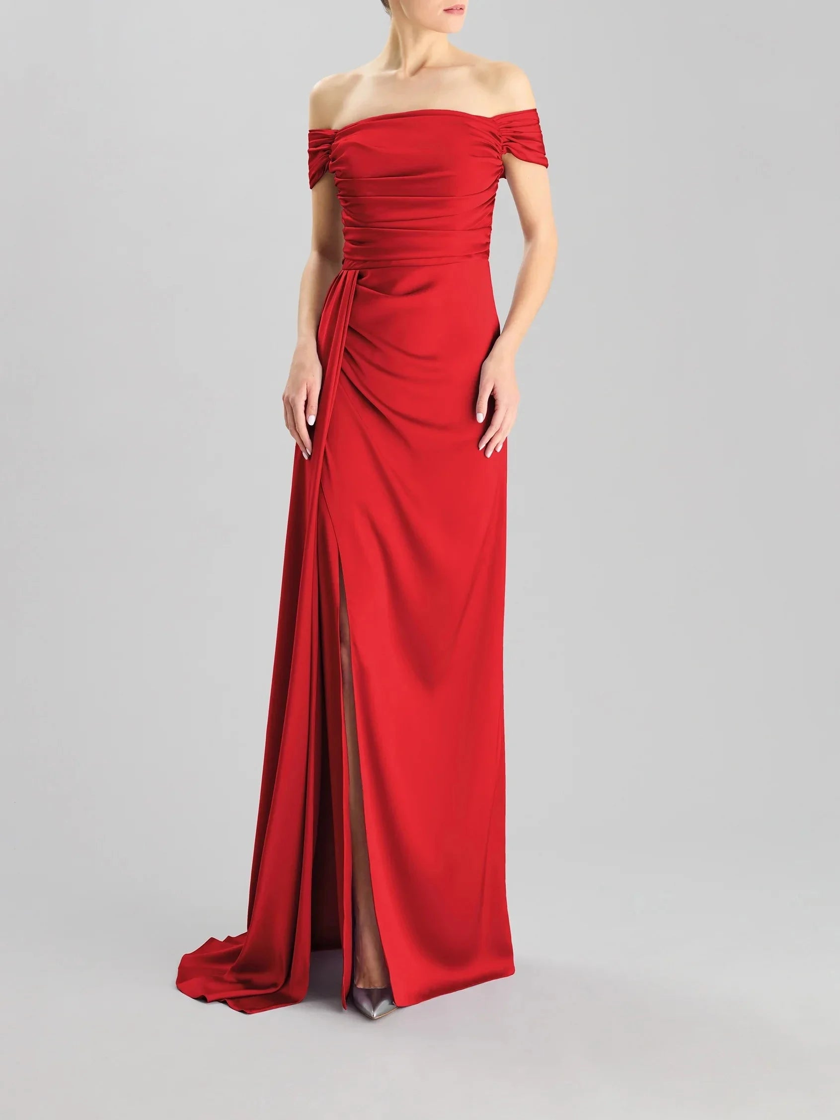 Red Off-Shoulder Maxi Dress with Side Slit Party dress with a wrap-around back Bridesmaid Dresses by YiHuiw