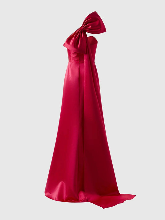 Red One-Shoulder Bow Satin Maxi Dress Flowy A-line cocktail dress with asymmetrical neckline and bow at the back in duchesse Bridesmaid Dresses by YiHuiw